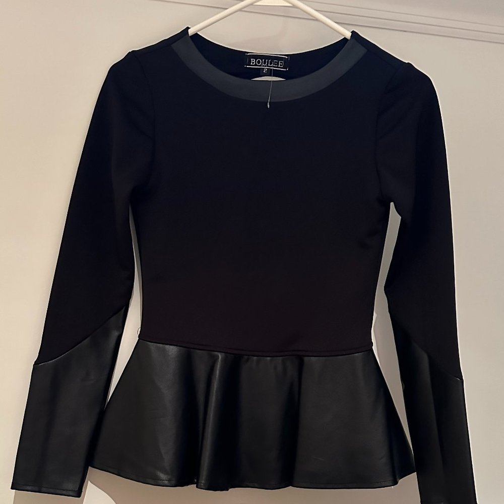 Black Long Sleeve Top with Faux Leather Peplum and Cuffs by Boulee Size 2